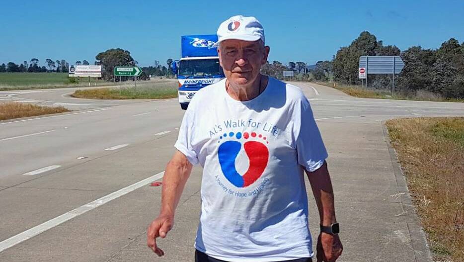 ON THE ROAD: 86-year-old Alan Staines is walking from Canberra to Sydney to support people who have lost a loved one to suicide. 