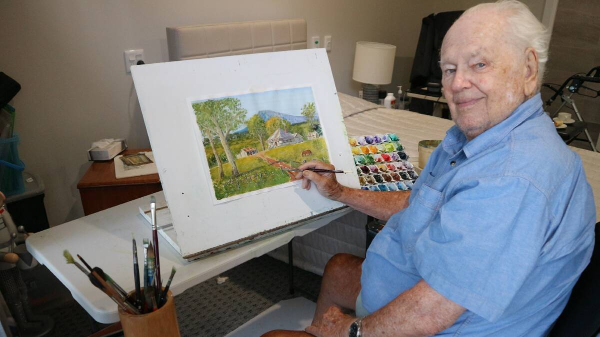 EASEL DOES IT: Bill Baker uses watercolours to paint Australian landscapes. He likes to paint in his room.