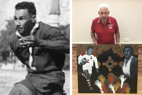 Rugby league legend Uncle Lionel Morgan in his playing days (left) and with the painting by Jandamarra Cadd. Photos: Lionel Morgan and Anglicare Queensland.
