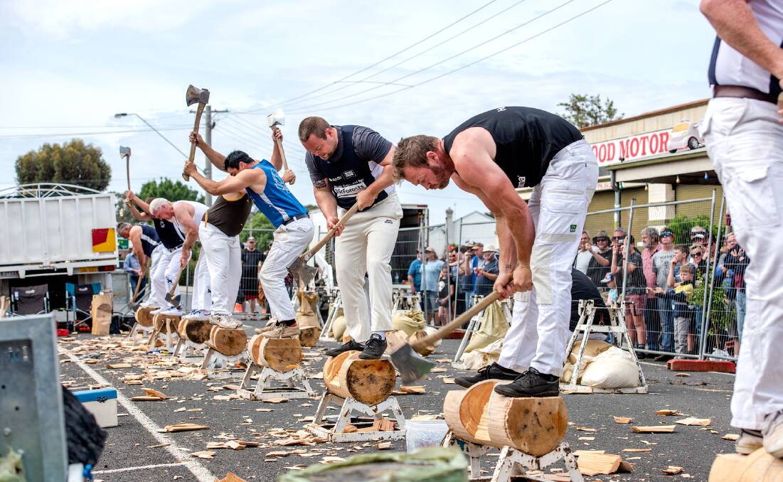 CHOP CHOP: Men get to work in the Wimmera Axemens Association Championship woodchop competition.