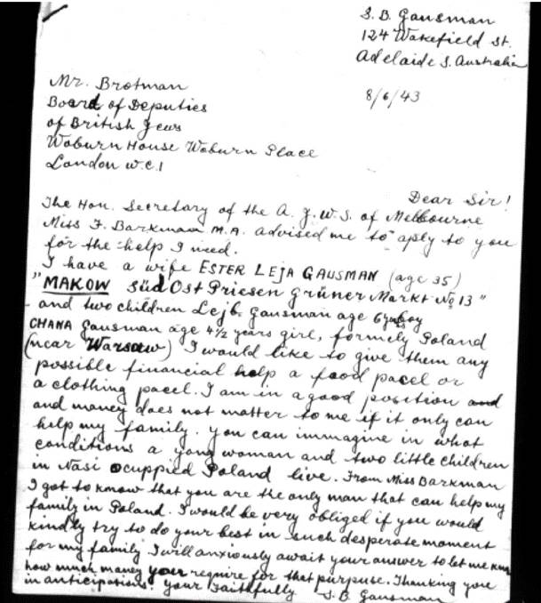 A letter written from Symcha Gausman in Adelaide in 1943 to the Board of Deputies of British Jews asking for help for his family in Poland.