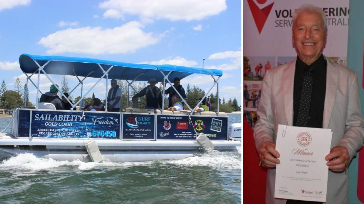 "I FELT I HAD TO GIVE SOMETHING BACK": Greg Wright receives his 2019 Gold Goast Volunteer of the Year award and (left) the new pontoon boat for Sailability.