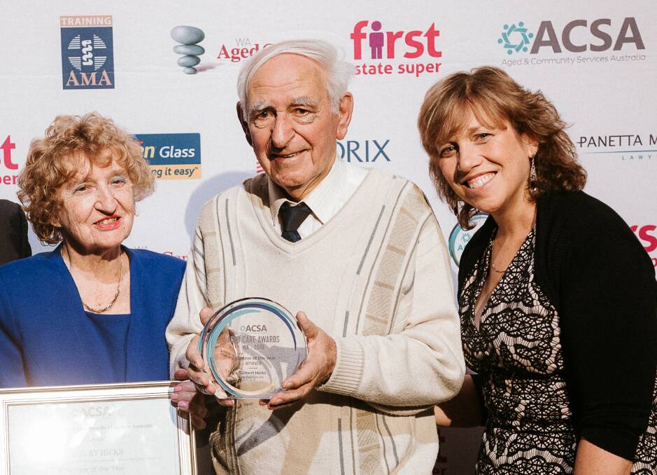 ACSA's Aged Care Awards WA Volunteer of the Year Gilbert 'Gil' Hicks (centre) with wife Sylvia Hicks (left) and ACSA CEO Pat Sparrow.