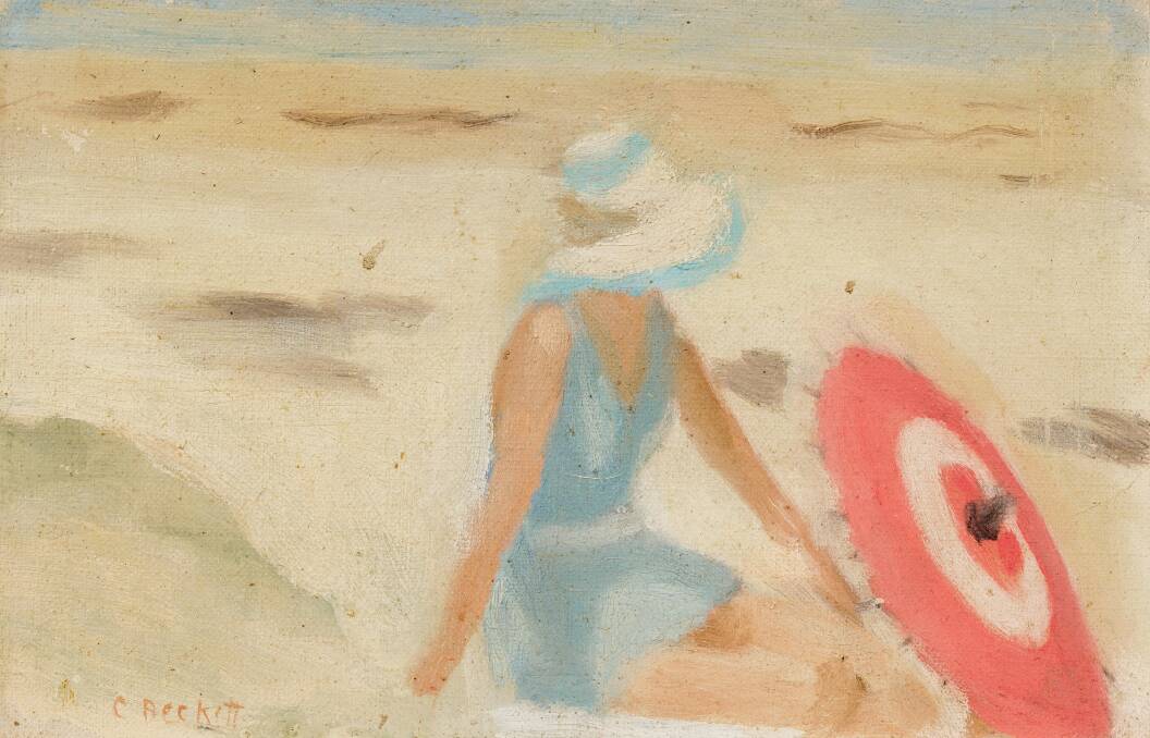 Clarice Beckett, Australia, 1887 - 1935, The red sunshade, 1932, Melbourne, oil on
board; Gift of Alastair Hunter OAM and the late Tom Hunter in memory of Elizabeth
through the Art Gallery of South Australia Foundation 2019, Art Gallery of South
Australia, Adelaide.
