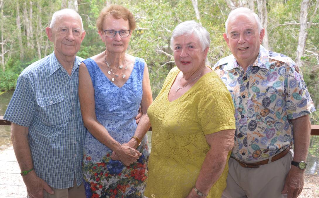 HAPPY COUPLES: Elma and Joe Dagg, and Sandra and Geoff Robson, are celebrating their diamond wedding anniversary. The couples live at Thornlands' Moreton Shores aged care facility. Photo: Jordan Crick 