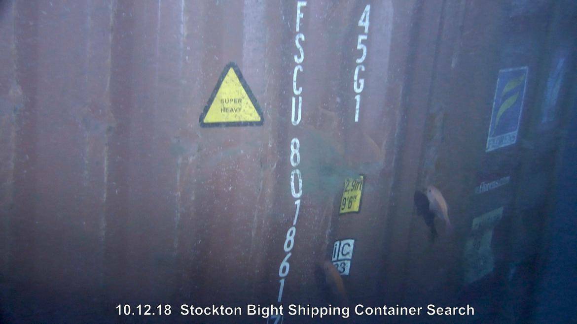 A container spotted in about 120 metres of water 32km east of Redhead.
