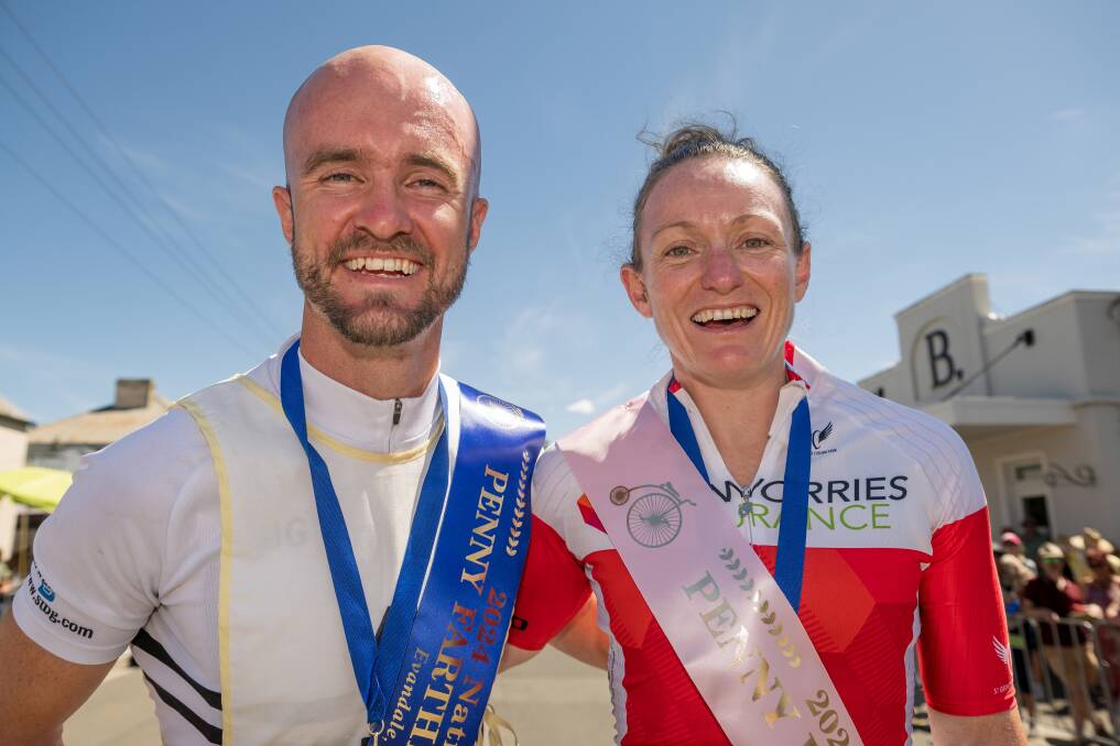 Simon Weir and Lizanne Wilmot at the national penny farthing championships in Evandale, Tasmania on Saturday, February 17, 2024. Picture by Phillip Biggs