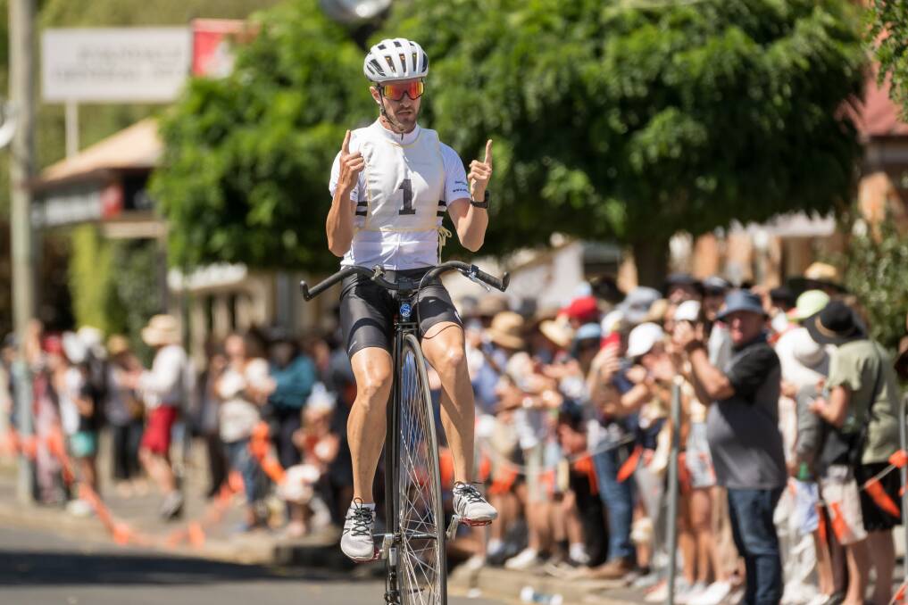 Canberran Simon Weir won the men's four-lap race for the second year running at the national penny farthing championships in Evandale, Tasmania on Saturday, February 17, 2024. Picture by Phillip Biggs