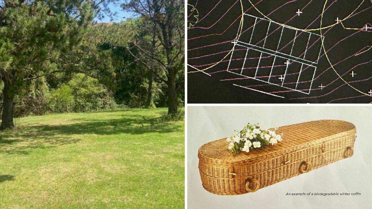 The natural burial ground, an example of GPS coordinates and a wicker coffin. Pictures supplied.