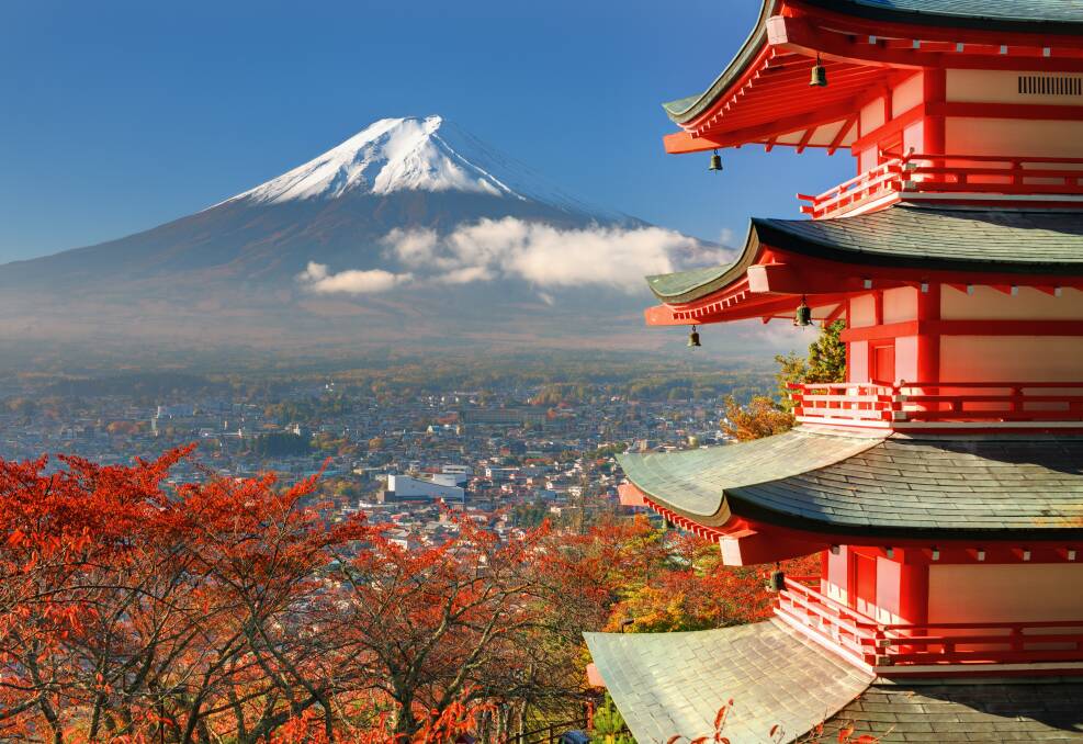 Mt Fuji viewed from behind Chureito Pagoda. Picture Shutterstock