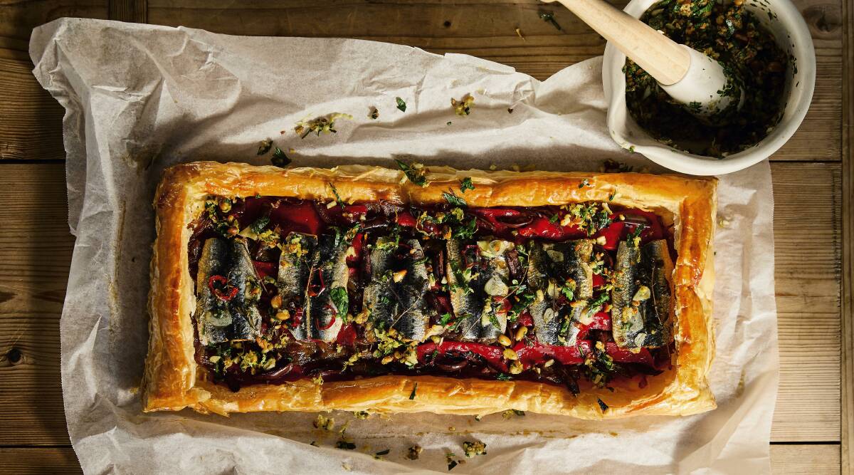 Sardine and piquillo pepper tart with caramelised onion and pine nuts. Picture: Armelle Habib