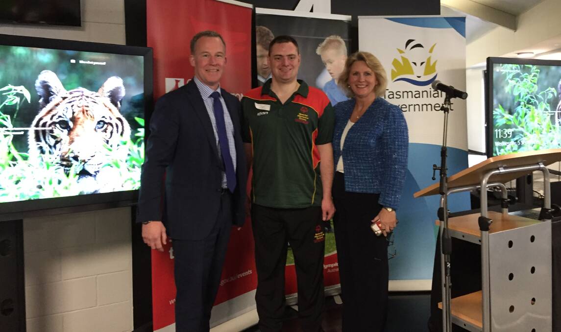 Premier Will Hodgman with games athlete ambassador Daniel Thomson and Special Olympics Australia chief executive Corene Strauss at the launch event. Picture: Matt Dennien 