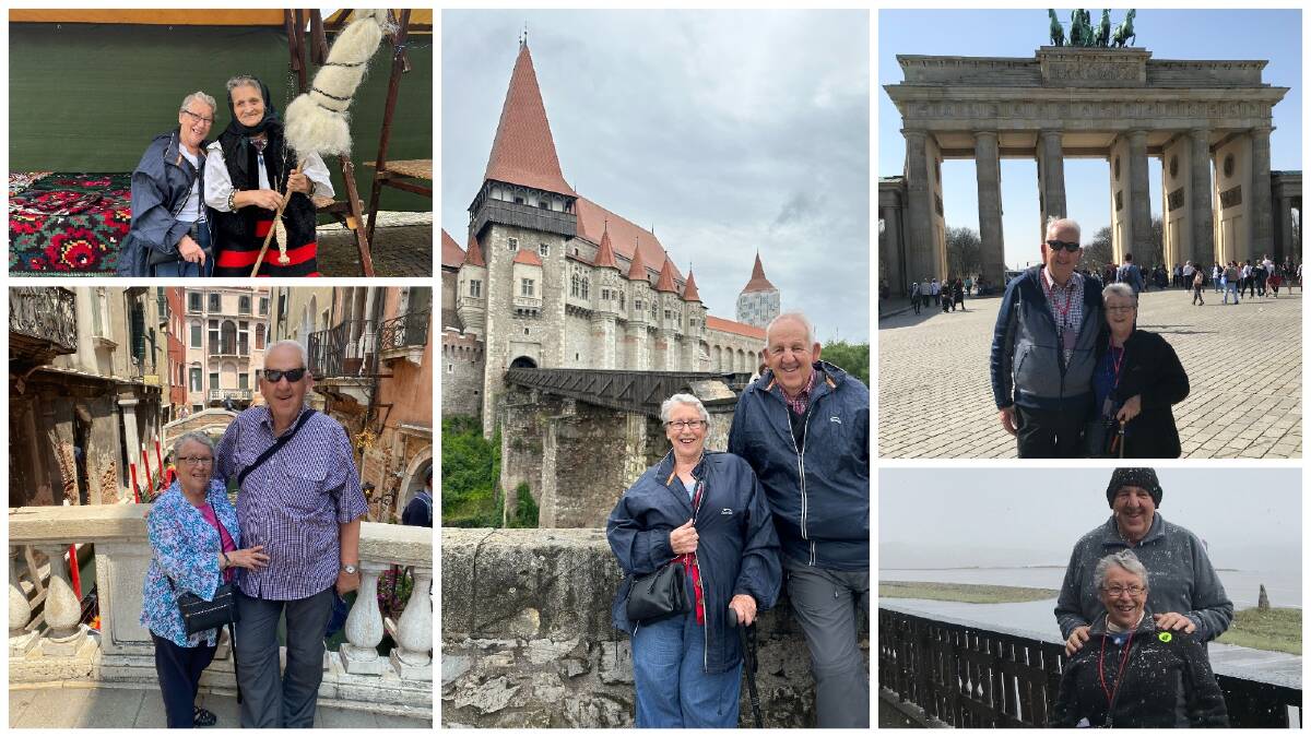 After booking a trip to Canada in upon retirement, Garry and Lynette Puts caught the travel bug and have now visited 70 countries around the world. Above they're pictured in Romania, Berlin, Venice and Norway. Pictures supplied.