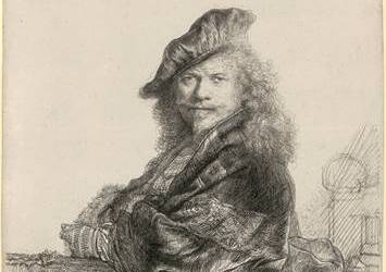 Rembrandt Harmensz. van Rijn; Self-portrait leaning on a stone sill 1639. Etching, touched with black chalk, 1st of two states. 20.5 16.4 cm (plate). 20.8 16.6 cm (sheet). National Gallery of Victoria, Melbourne - Purchased, 1891. Photo by NGV