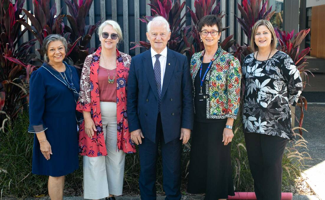 HELPING HANDS: The Hornsby Village Hub has been launched to protect seniors from social isolation. Pictured: (l-r) Hornsby Village Hub steering committee chair Uma Menon, Sydney North Health Network Board chair Kate Loxton, Hornsby Mayor Philip Ruddock, Professor Susan Kurrle and Lynelle Hales.
