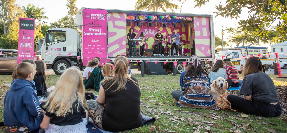 HOME GROWN: Brisbane Festival's Street Serenades program will help showcase local artists through a range of workshops and public performances. Pictured: Hope D performing at the 2020 festival.