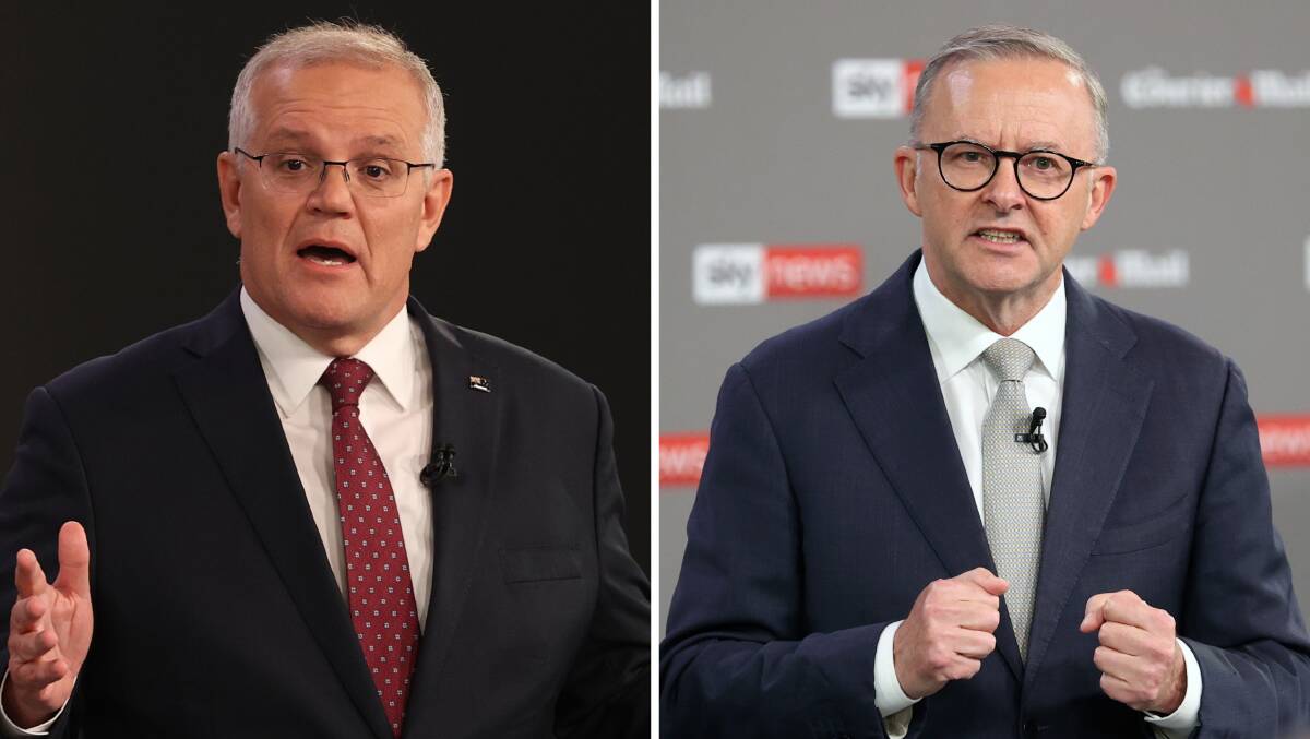 Prime Minister Scott Morrison and (right) Australian Opposition Leader Anthony Albanese speaking during the first leaders' debate of the 2022 federal election. Pictures: AAP