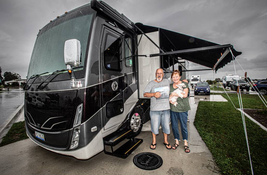 Christopher and Mari Annett and dog Punky Brewster with their Tiffin motorhome, which has self-levelling airbag suspension and sets up in about 15 minutes. Pictures: Karleen Minney 