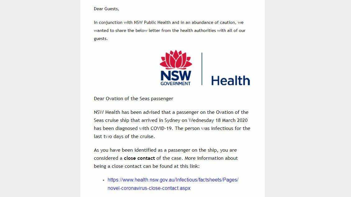 Wendy Hunter received this email from NSW Health on March 21 advising her that a passenger had tested positive.