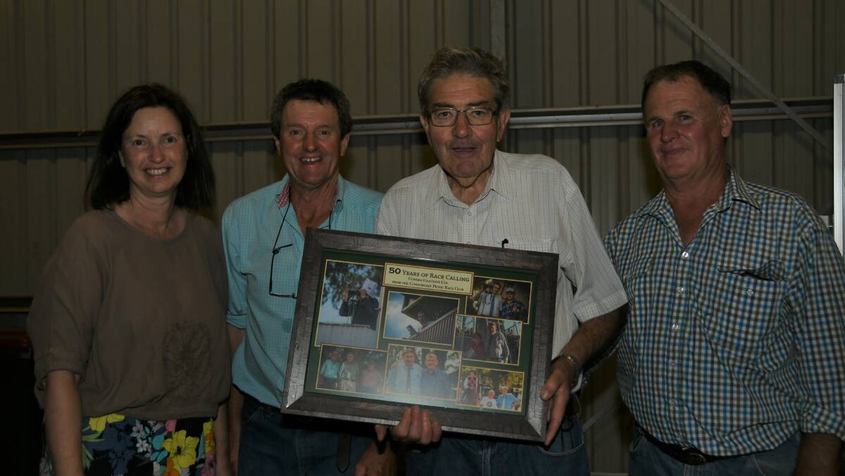 MAMMOTH EVENT AND CAREER: Col Hodges accepts a photo montage of his great calling of 50 years of Condobolin races flanked by picnic club's Joy and James Gibson and Mark Ward. Photo: Virginia Harvey