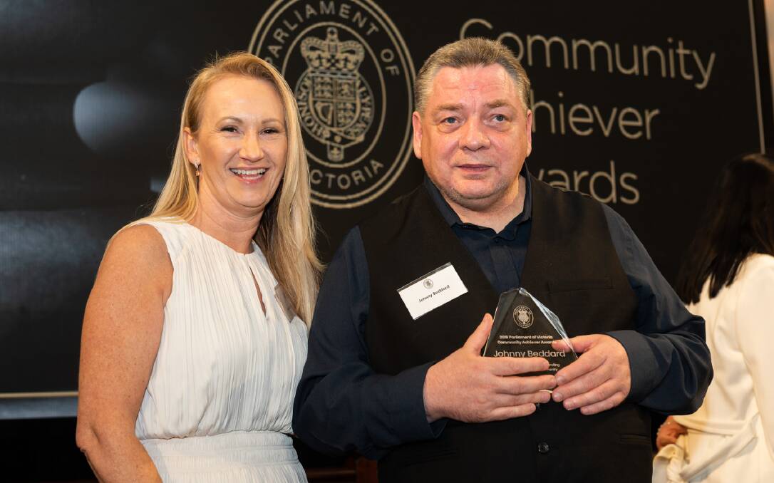 A lifetime's work: Johnny Beddard and LVE CEO Wendy Bezzina at the recent Community Achiever Awards at Parliament House in Melbourne.