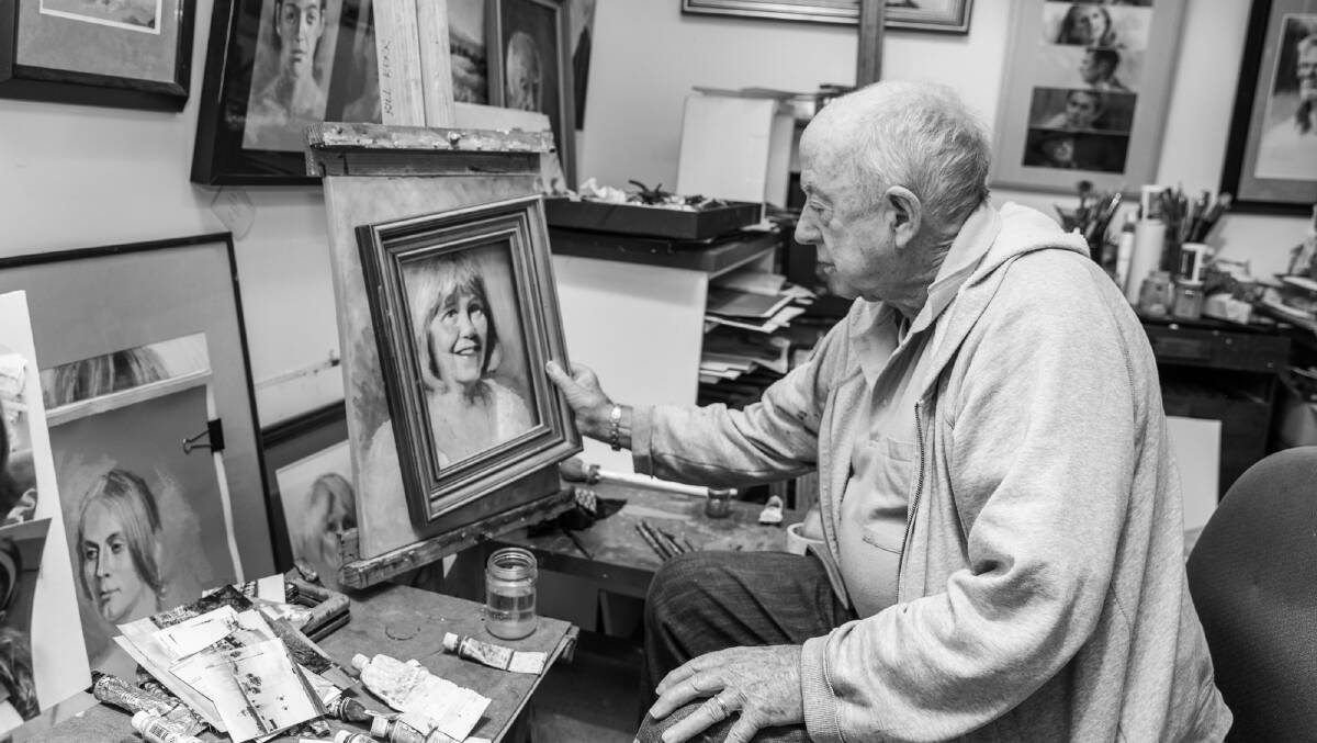 BRUSH WITH ISOLATION: Bill in his home studio in the midst of the lockdown. As the book was being written, he was working on an entry for this year's Archibald Prize.