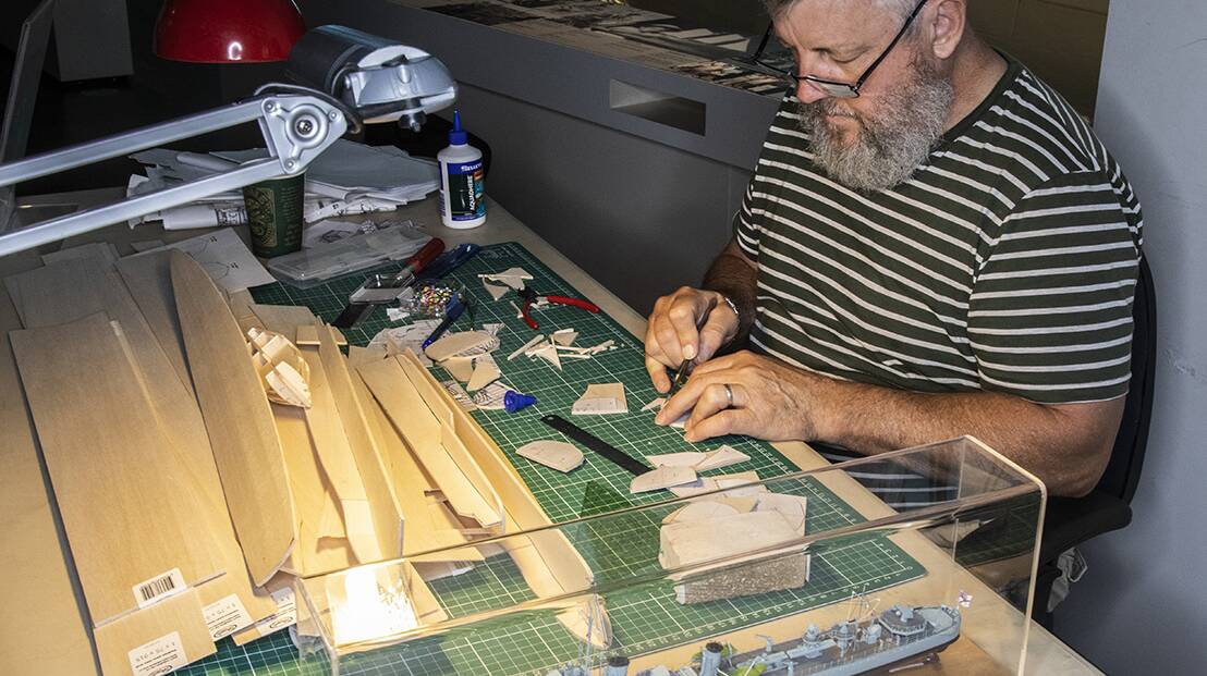 Pic caption: (Photos: David Nicolson)
Gerry working as a volunteer model maker at the Fremantle Maritime Museum.