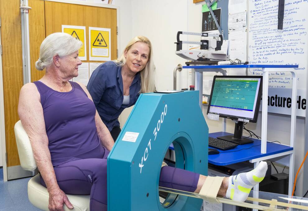 THE VIBE OF THE THING: Professor Belinda Beck from Griffith's Menzies Health Institute with VIBMOR trial participant Velma Harding. The study is looking at how vibration and exercise can prevent osteoporosis fracture.