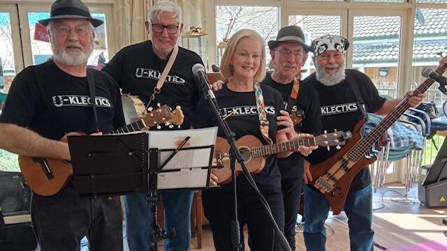 The U-Klectics include (from left), Bob Dobrzynski (lead uke), Graeme Robinson (banjo), Jan and Bob Grace (ukulele and vocals) and Richard Keegan (bass guitar). Jan and Bob's daughter Phoebe Palejs will join them in Katoomba. Picture provided by The U-klectics.