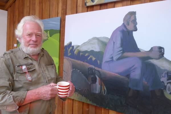 Phil Henshall with his painting of a local farmer also enjoying a cuppa. 