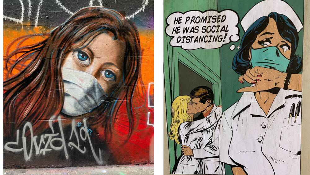 THOSE EYES: (left) A beautiful masked woman by artist John Lawry in Hosier Lane seems to sum up the strange times we are living in today; (right) an artwork along the lines of Roy Lichtenstein's famous send-ups of comic book panels brightens up Scott Alley.