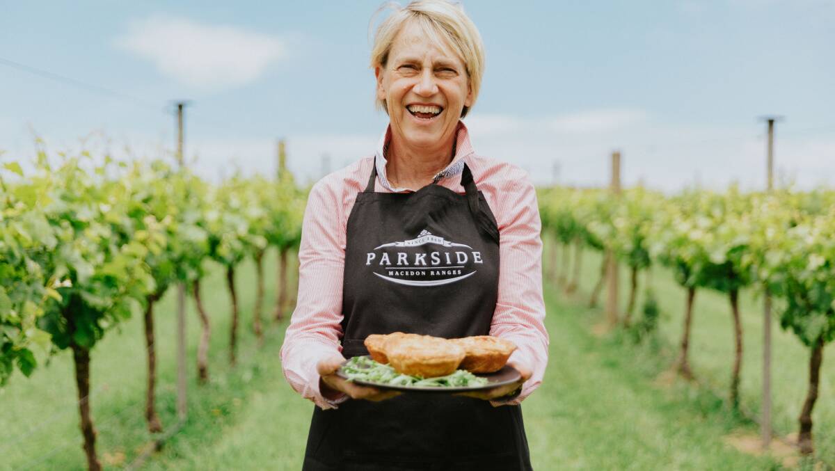 BAKED WITH LOVE: Jenny Ward of Parkside Estate Winery in Lancefield with some of the tempting pies on offer, perfectly paired with pinot. Photo: Chloe Smith Photography