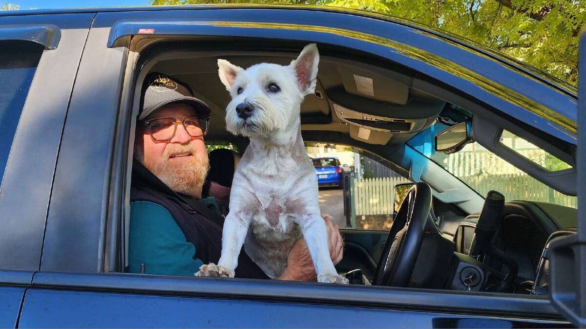 Jim Jenkins of Orange on the road with Gus, his much-travelled 12-year-old "Westie", . Picture supplied by Jim Jenkins 