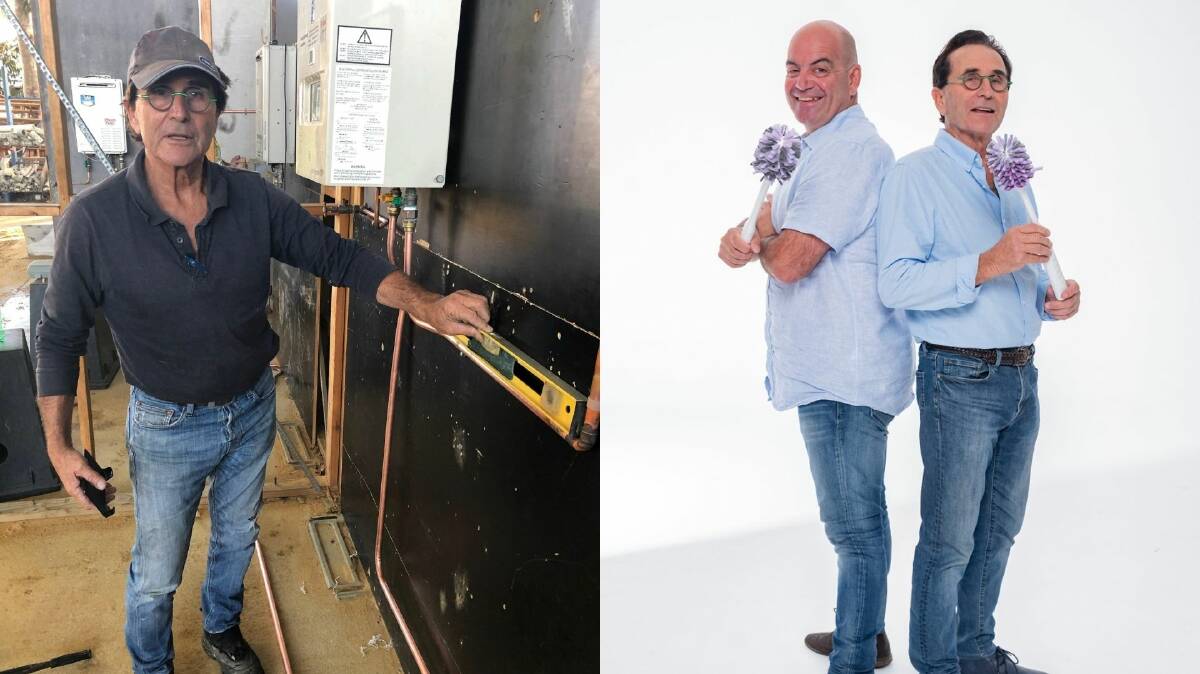 BRISTLING WITH EXCITEMENT: left, Aldo Werjutina learning the ropes as a plumber; (right) with his Loogeenie partner and mate Joe Pittorni.