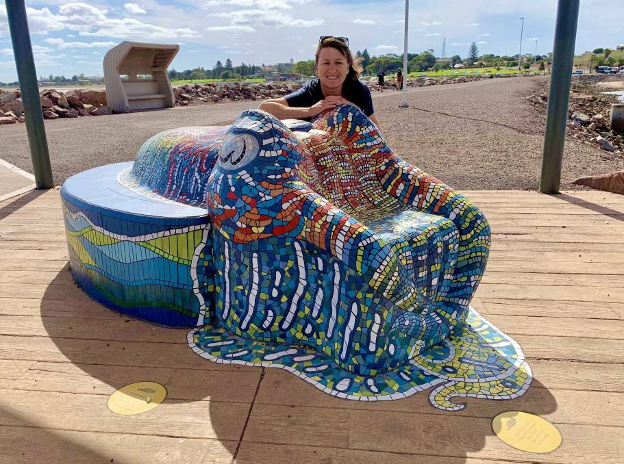 SEA FEATURE: Karen Carr with her cuttlefish creation Craig. The Whyalla attraction was named Best Landmark Sculpture at the 2021 Australian Street Art Awards.