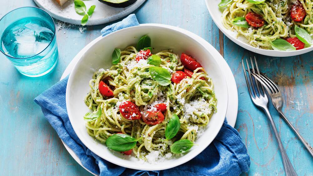 MMMM: Avocados seem to go with just about anything, in this case with spinach, basil pesto and spaghetti. 