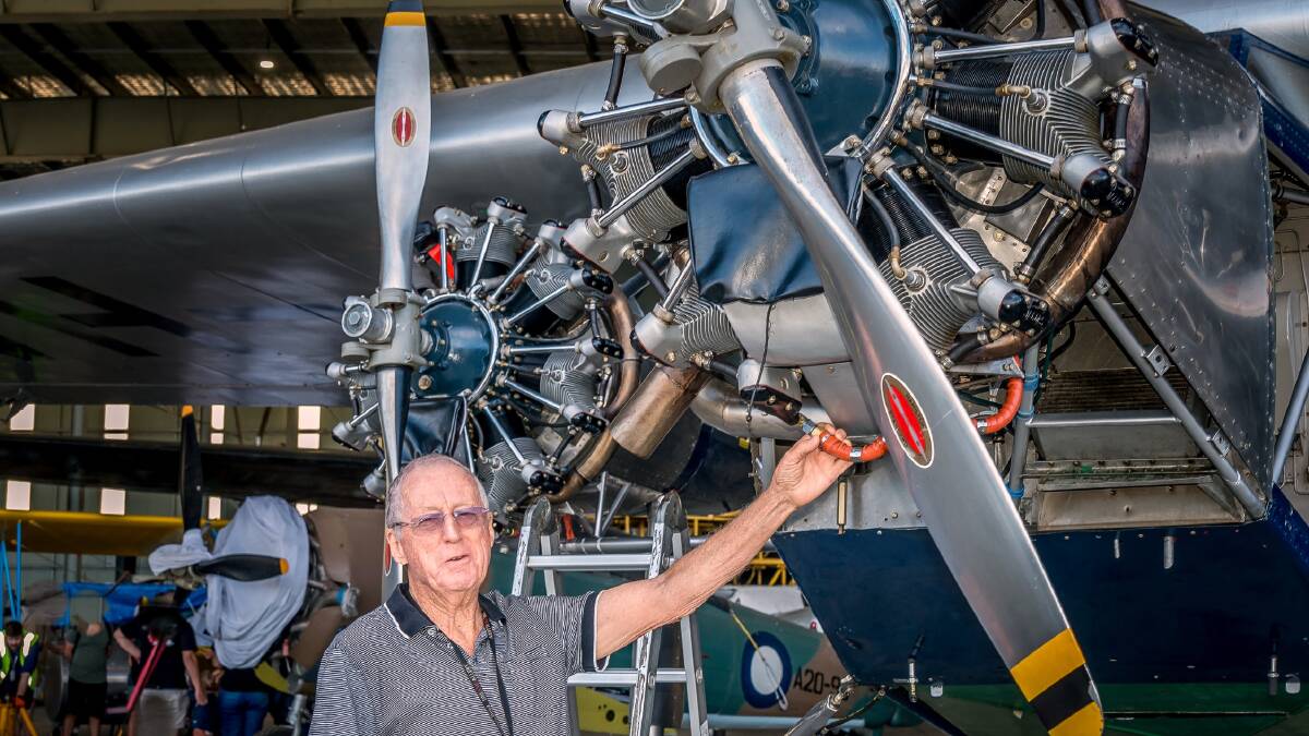 Project engineering manager Jim Thurstan at HARS Aviation Museum with the Jacobs radial motors which power the Southern Cross Replica. Howard Mitchell photo.