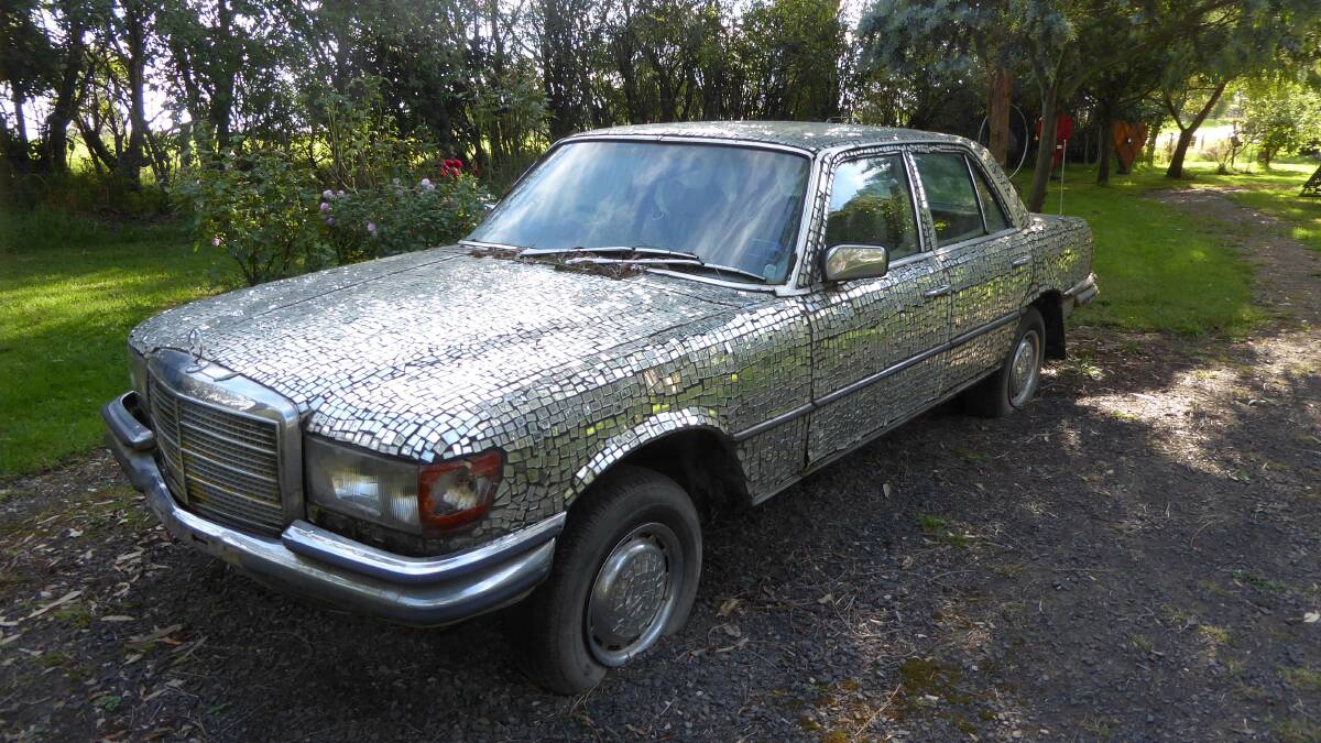 Something beautiful from nothing: A discarded Mercedes-Benz gets the Laurie Collins makeover with gleaming mosaics.