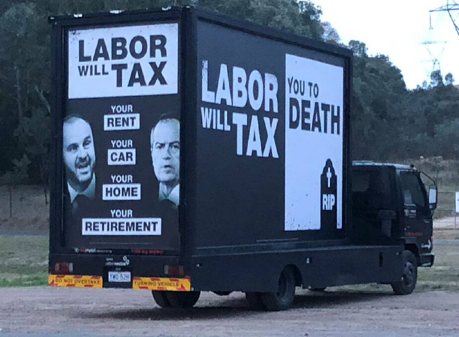 Signs referring to a "Death Tax" were displayed in the ACT during the 2019 federal election campaign. Picture: Supplied