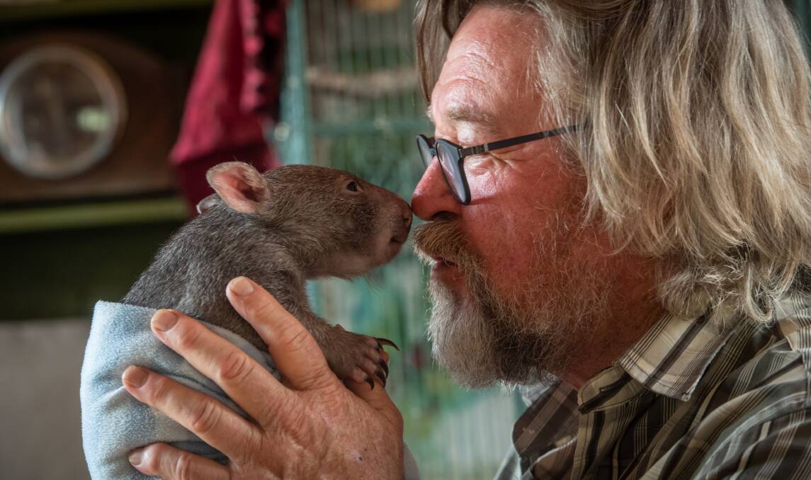 Bill Waterhouse, who runs the Majors Creek Wombat Refuge, with rescued baby wombat Essie. Picture: Karleen Minney