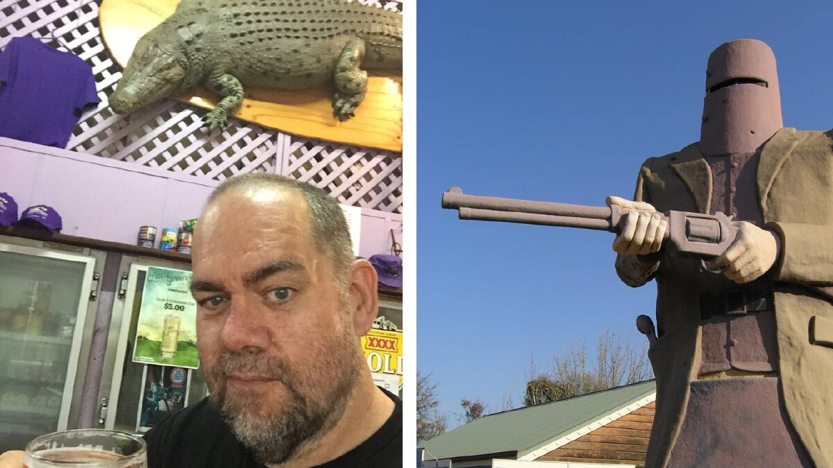 AUSTRALIAN AS: The author enjoys a drink at the Purple Pub in Normanton, Queensland (left). The oversized statue of Ned Kelly at Glenrowan, the Victorian town where the bushranger was captured in a siege in 1880.