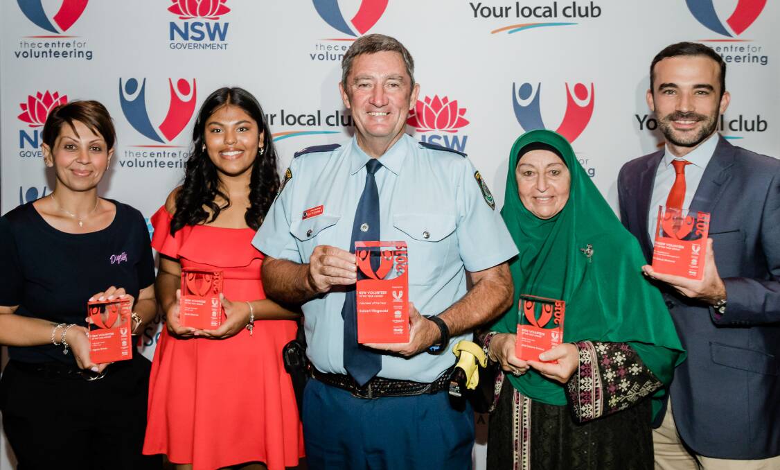 WINNERS, ALL: 2019 NSW Volunteer of the Year Award winners (left to right) Sherin Fishwick from Dignity Dishes winner of the NSW Volunteer Team of the Year, NSW WINNERS, ALL: 2019 NSW Young Volunteer of the Year Sonia Sharma from MYAN, Volunteer of the Year Bob Fitzgerald, Senior Volunteer of the Year Abla Kadous from the Islamic Womens Welfare Association, and Oscar Mussons from the Asylum Seekers Centre, the Excellence in Volunteer Management award winner.