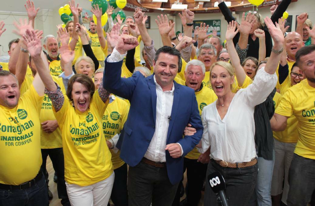 Victory. Pat Conaghan claims the seat of Cowper over heavyweight Independent Rob Oakeshott in 2019.