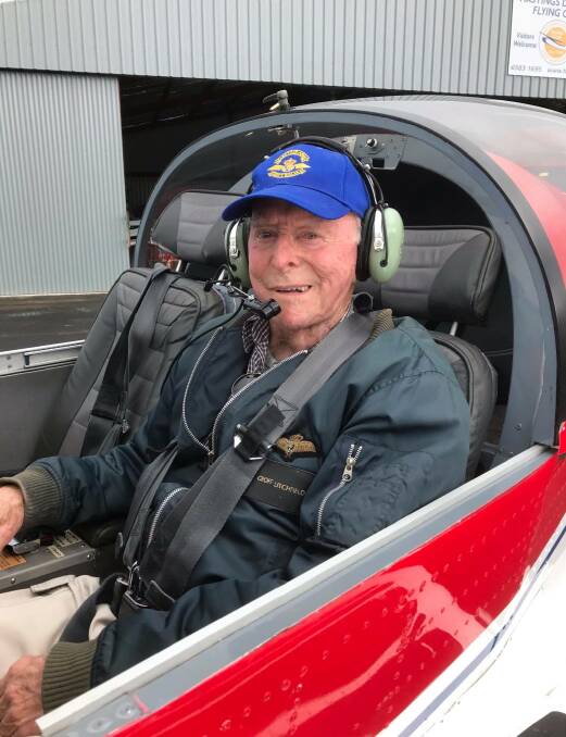 HANGING UP THE WINGS: Geoff Litchfield in the Sling at Hastings District Flying Club. Photo: Hastings District Flying Club.