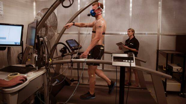 Grant Lynch (on the treadmill) with Georgia Chaseling - two PhD Students working at the University of Sydney's special room that simulates heatwaves. Photo: Louise Kennerley