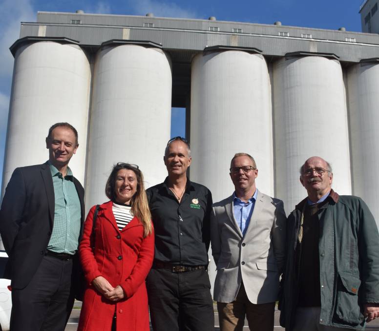 REVIVAL – Coorong Council chief  executive Vincent Cammel, Merilyn de Nys from Country Arts SA, Oliver's Real Food founder Jason Gunn, Andrew Hannon from Viterra and Coorong Mayor Neville Jaensch at the Coonalpyn Silos.