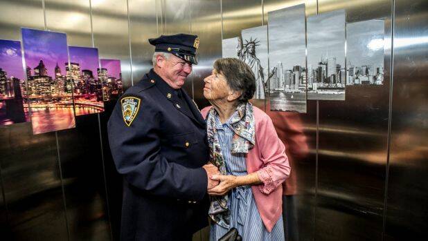 Uniting Care Mirinjani retirement village has granted a lifelong wish for resident Berenice Benson to meet a real New York city cop, Detective Howard Shank. Photo: Karleen Minney
