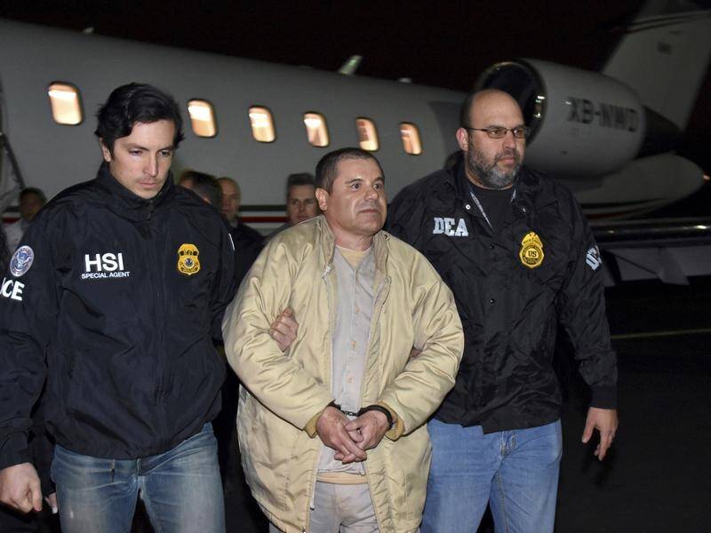 Notorious Mexican drug kingpin El Chapo Guzman (C) has been found guilty of all charges in the US.