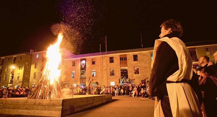 LIGHTING?THE?NIGHT?- The Big Sing Bonfire in Salamanca Place always draws a crowd. Photo: Tourism Tasmania/Sean Fennessy.