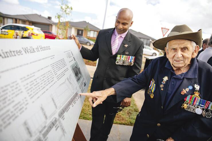 WALK THIS WAY – Caroline Springs RSL vice-president John Naidu, who served in Afghanistan, with World War II digger Allan Godfrey at the Aintree Walk of Honour launch.